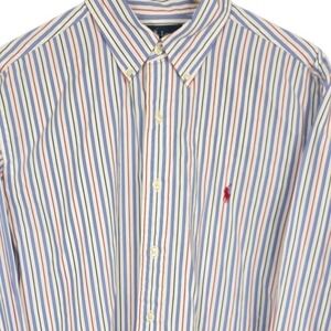 Ralph Lauren Button Down Shirt Mens 16.5 36/37 White Red Blue Stripe Classic Fit